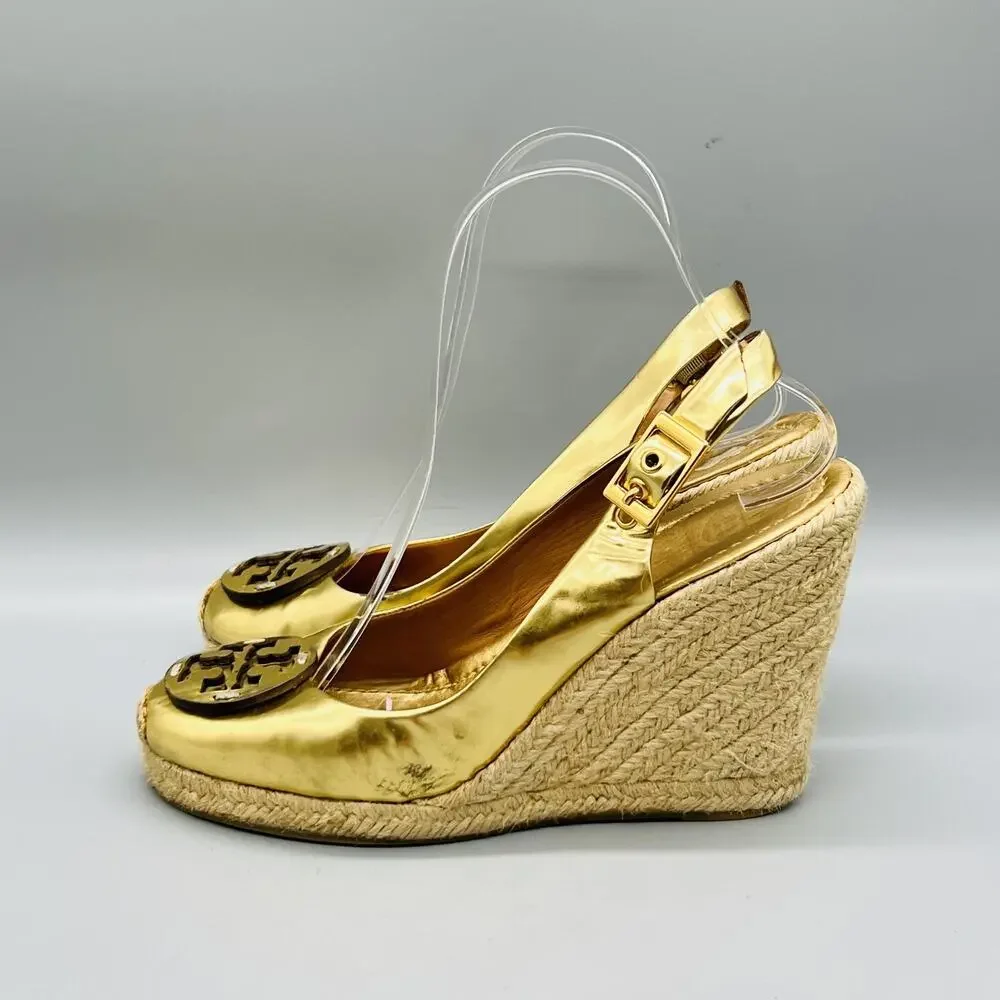 Tory Burch Shoes Womens 7 Gold Leather Slingback Espadrille Wedge Heels Logo